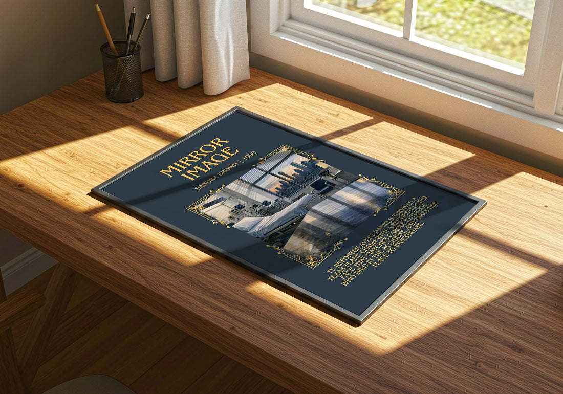 Mirror Image Minimalist Book Poster by Sandra Brown – print on a sunlit desk