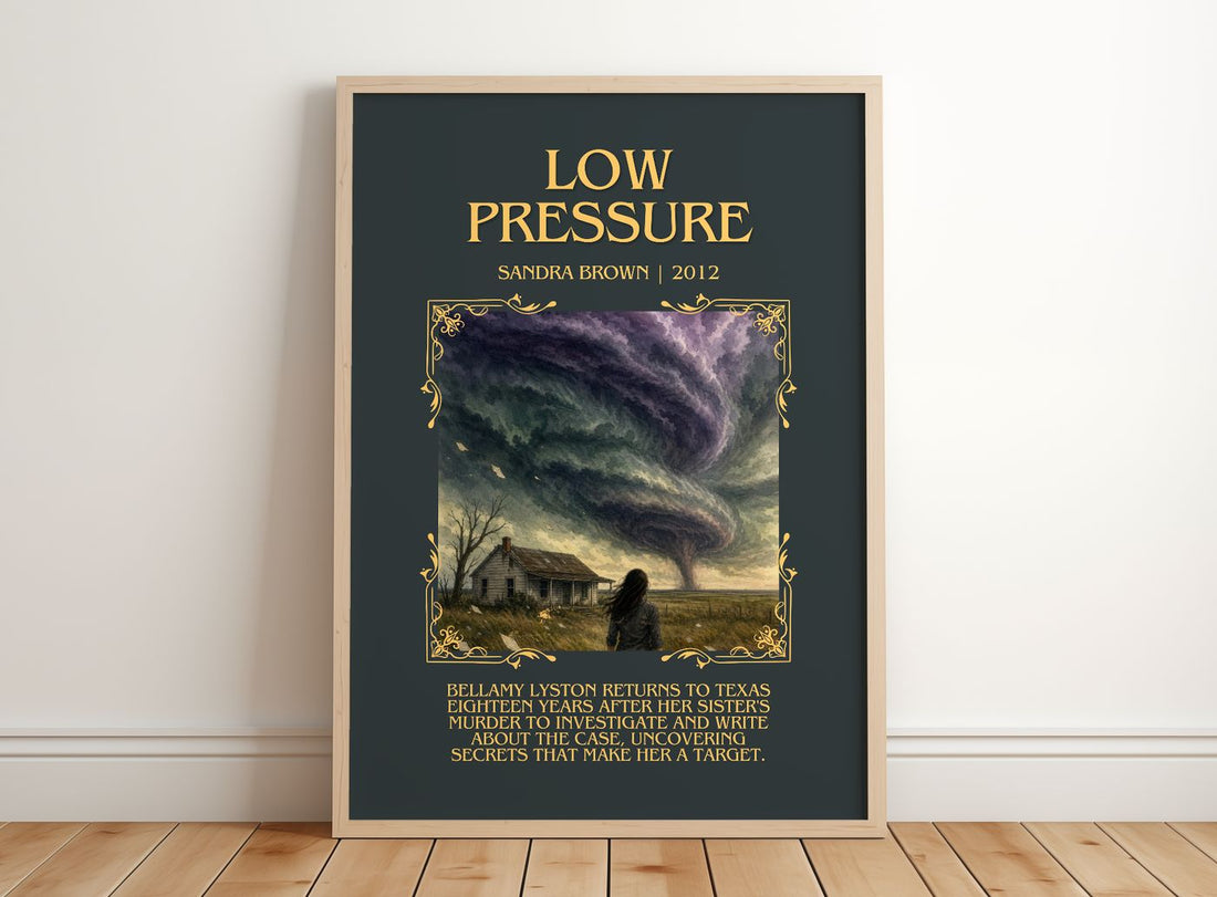 Low Pressure Minimalist Book Poster by Sandra Brown – framed print leaning on a wooden floor