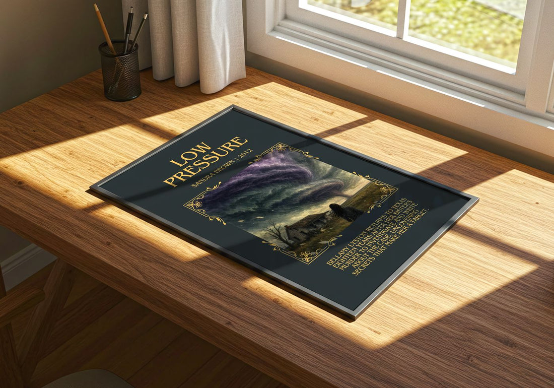 Low Pressure Minimalist Book Poster by Sandra Brown – print on a sunlit desk