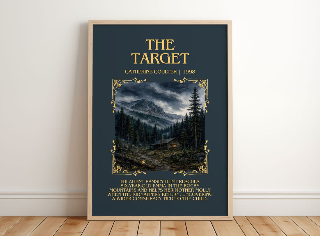 The Target Minimalist Book Poster by Catherine Coulter – framed print leaning on a wooden floor