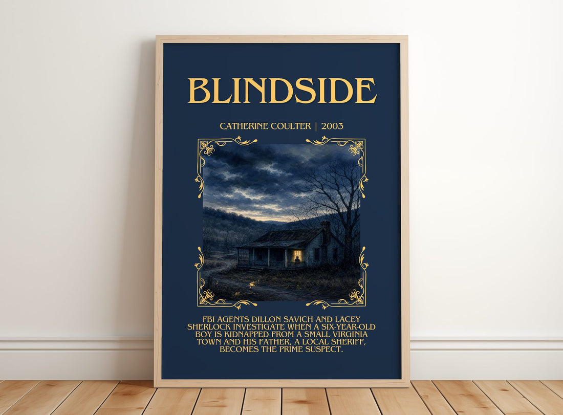 Blindside Minimalist Book Poster by Catherine Coulter – framed print leaning on a wooden floor