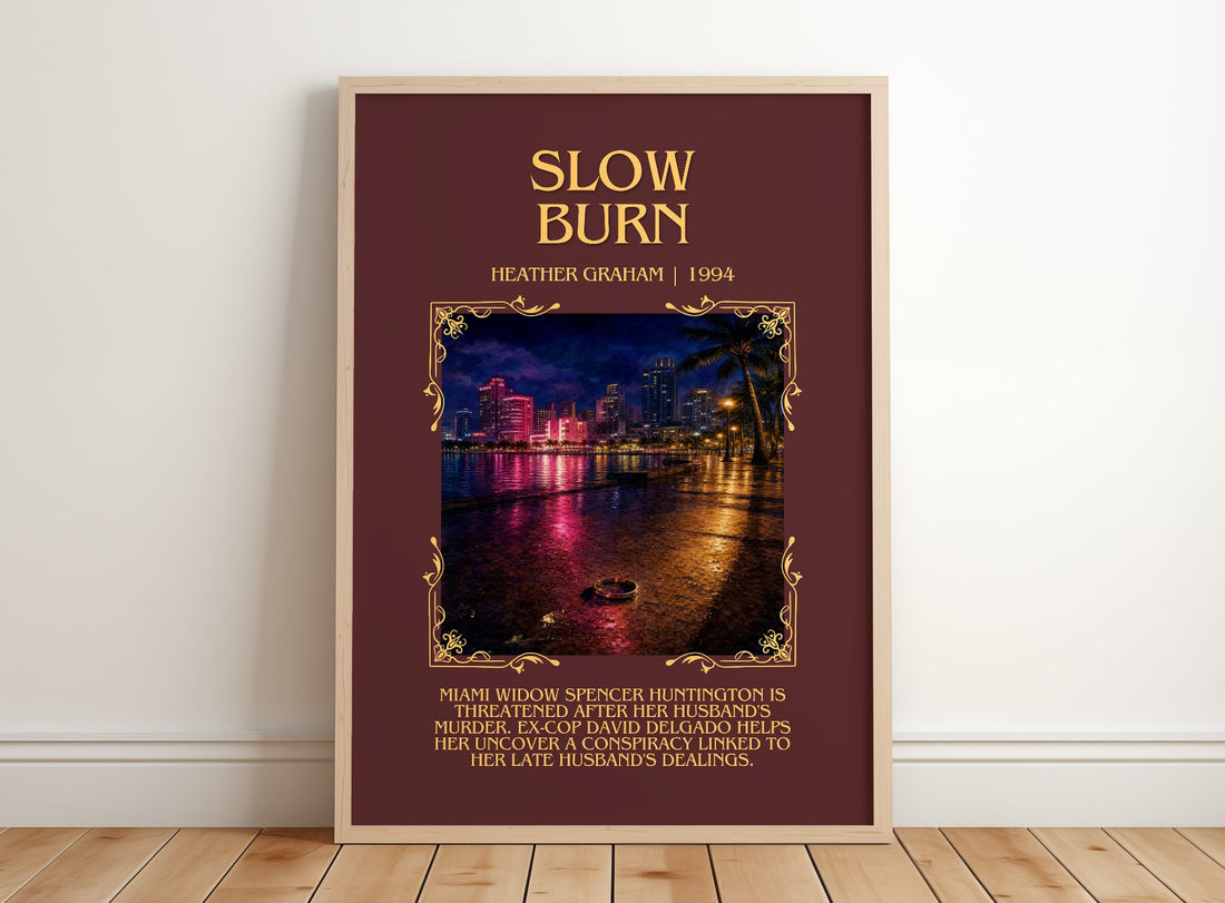 Slow Burn Minimalist Book Poster by Heather Graham – framed print leaning on a wooden floor