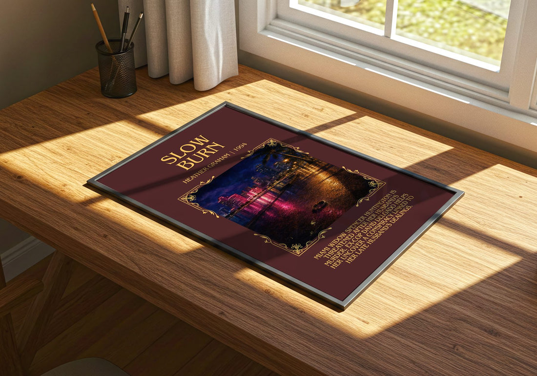 Slow Burn Minimalist Book Poster by Heather Graham – print on a sunlit desk