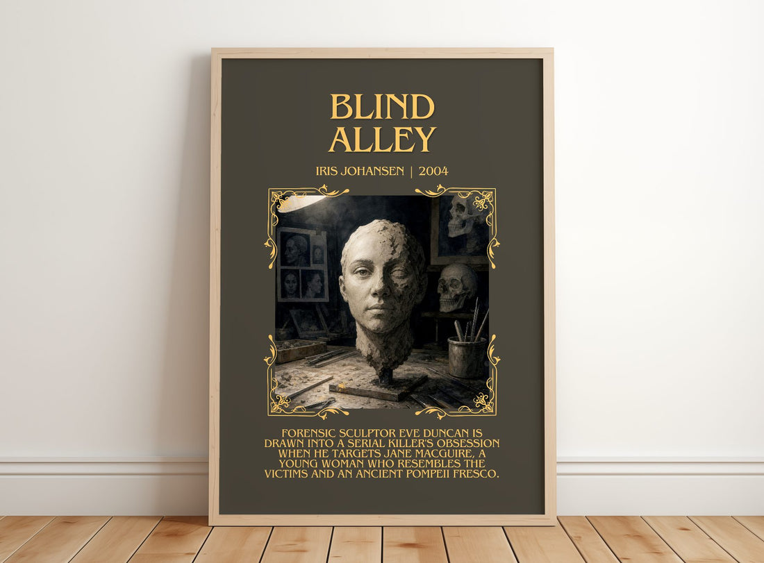 Blind Alley Minimalist Book Poster by Iris Johansen – framed print leaning on a wooden floor