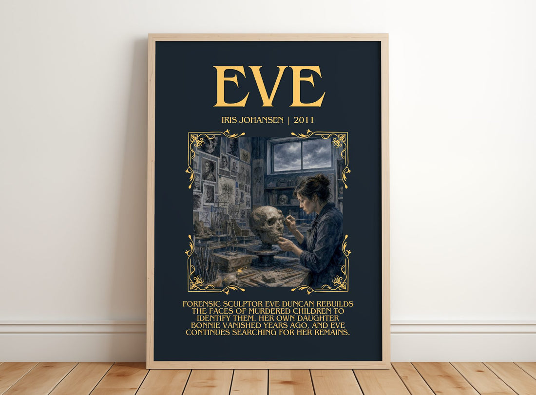 Eve Minimalist Book Poster by Iris Johansen – framed print leaning on a wooden floor