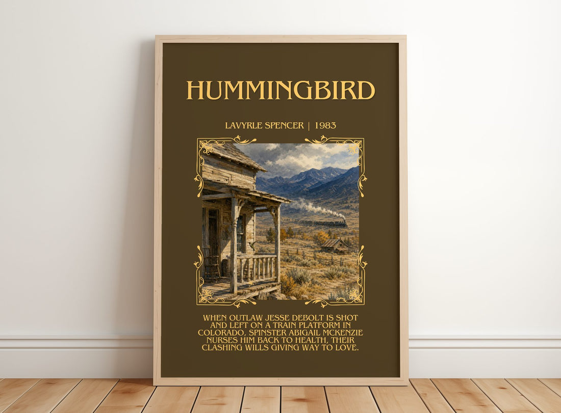 Hummingbird Minimalist Book Poster by LaVyrle Spencer – framed print leaning on a wooden floor