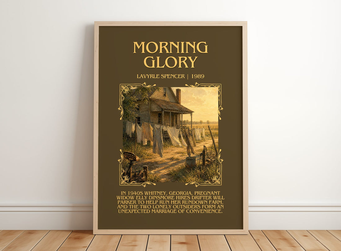Morning Glory Minimalist Book Poster by LaVyrle Spencer – framed print leaning on a wooden floor