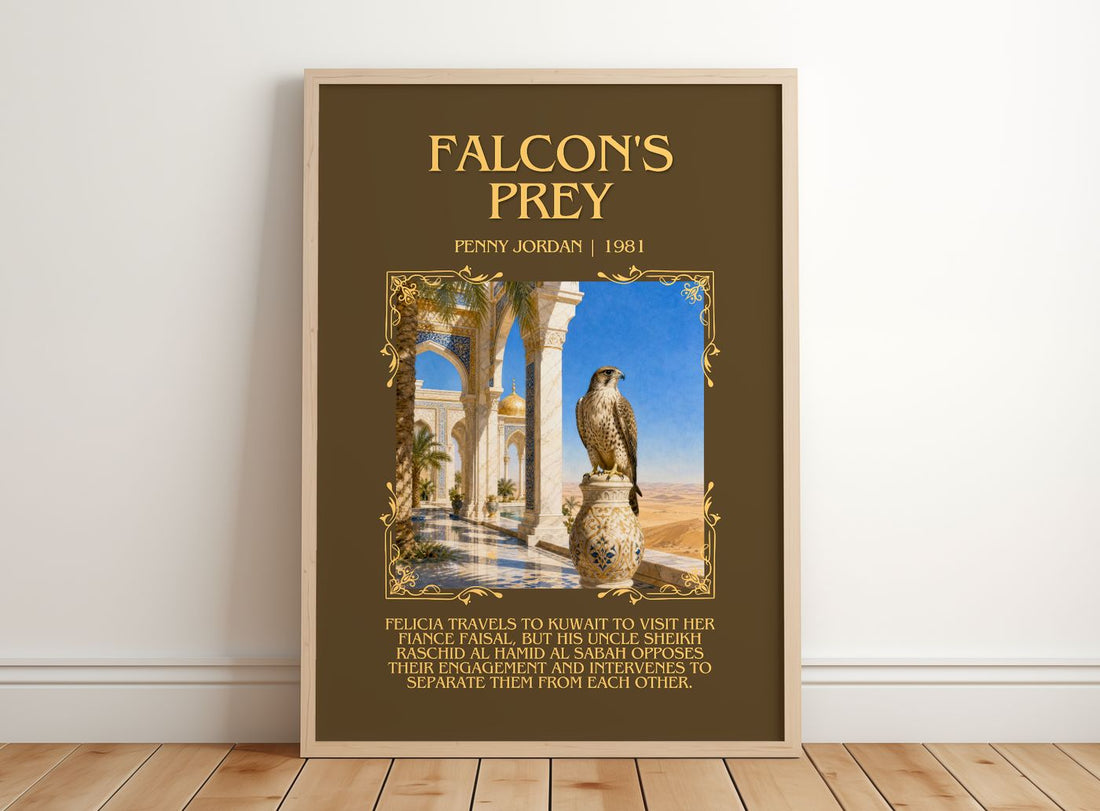 Falcon's Prey Minimalist Book Poster by Penny Jordan – framed print leaning on a wooden floor