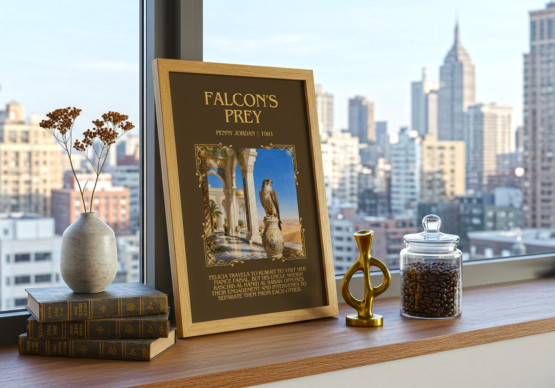 Falcon's Prey Minimalist Book Poster by Penny Jordan – framed print on a city-view windowsill