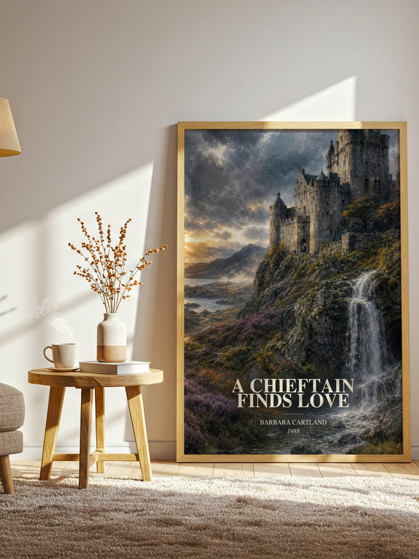 A Chieftain Finds Love watercolour print in frame leaning in hallway – romance wall art