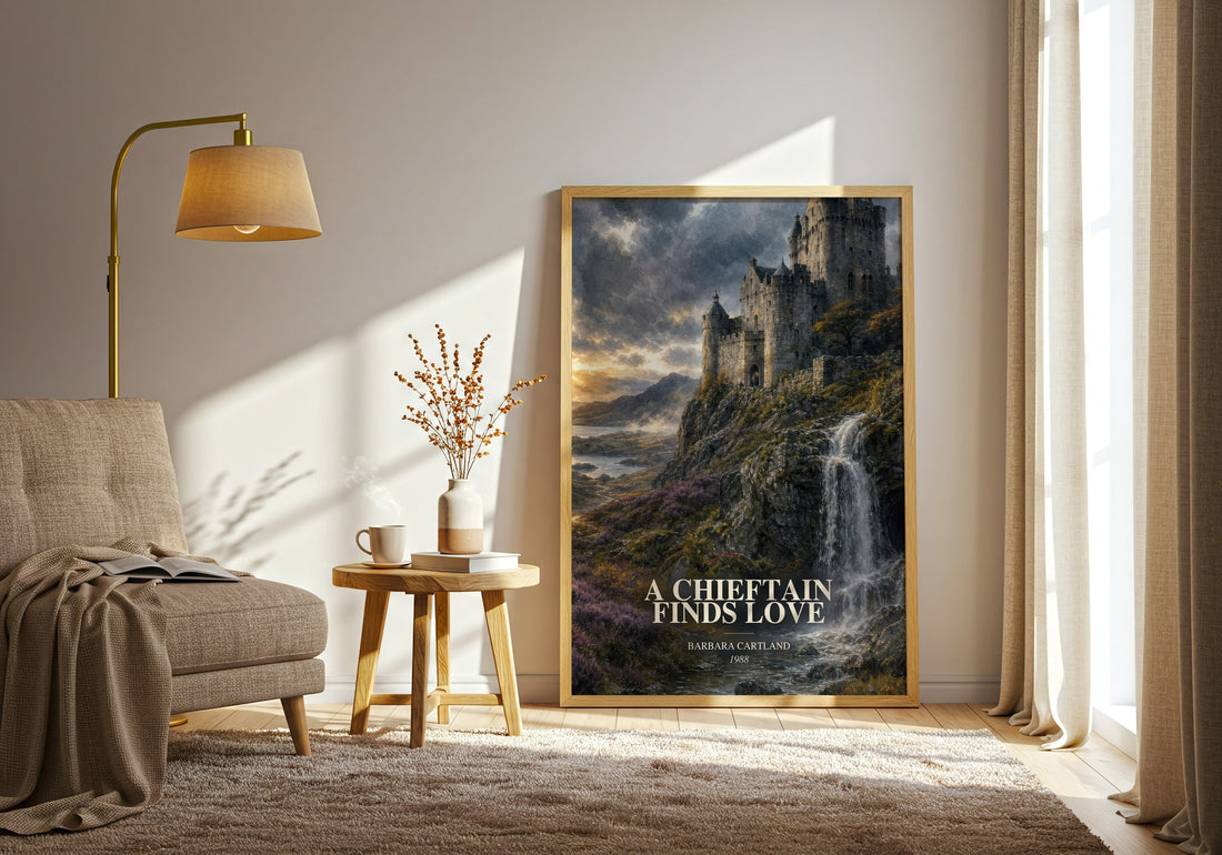 A Chieftain Finds Love watercolour print in frame leaning in hallway – romance wall art (mockup)
