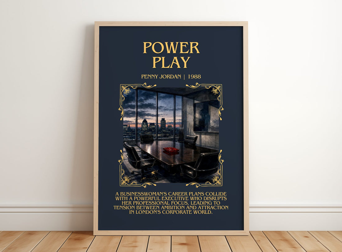 Power Play Minimalist Book Poster by Penny Jordan – framed print leaning on a wooden floor