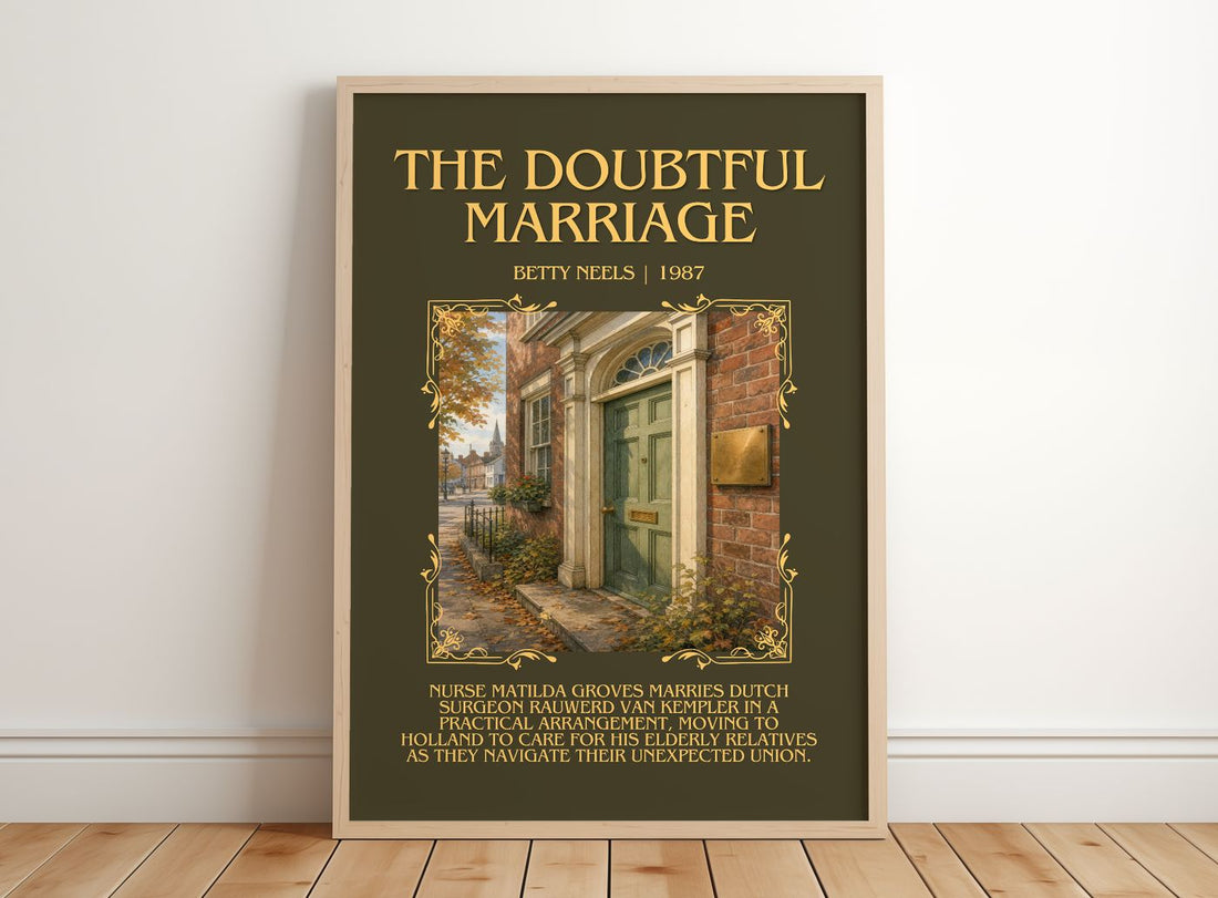 The Doubtful Marriage Minimalist Book Poster by Betty Neels – framed print leaning on a wooden floor