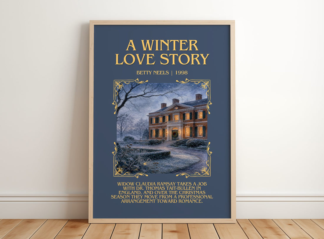 A Winter Love Story Minimalist Book Poster by Betty Neels – framed print leaning on a wooden floor