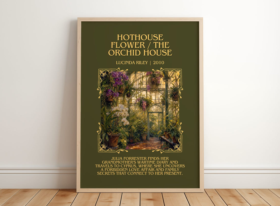 Hothouse Flower / The Orchid House Minimalist Book Poster by L. Riley – framed print leaning on a wooden floor