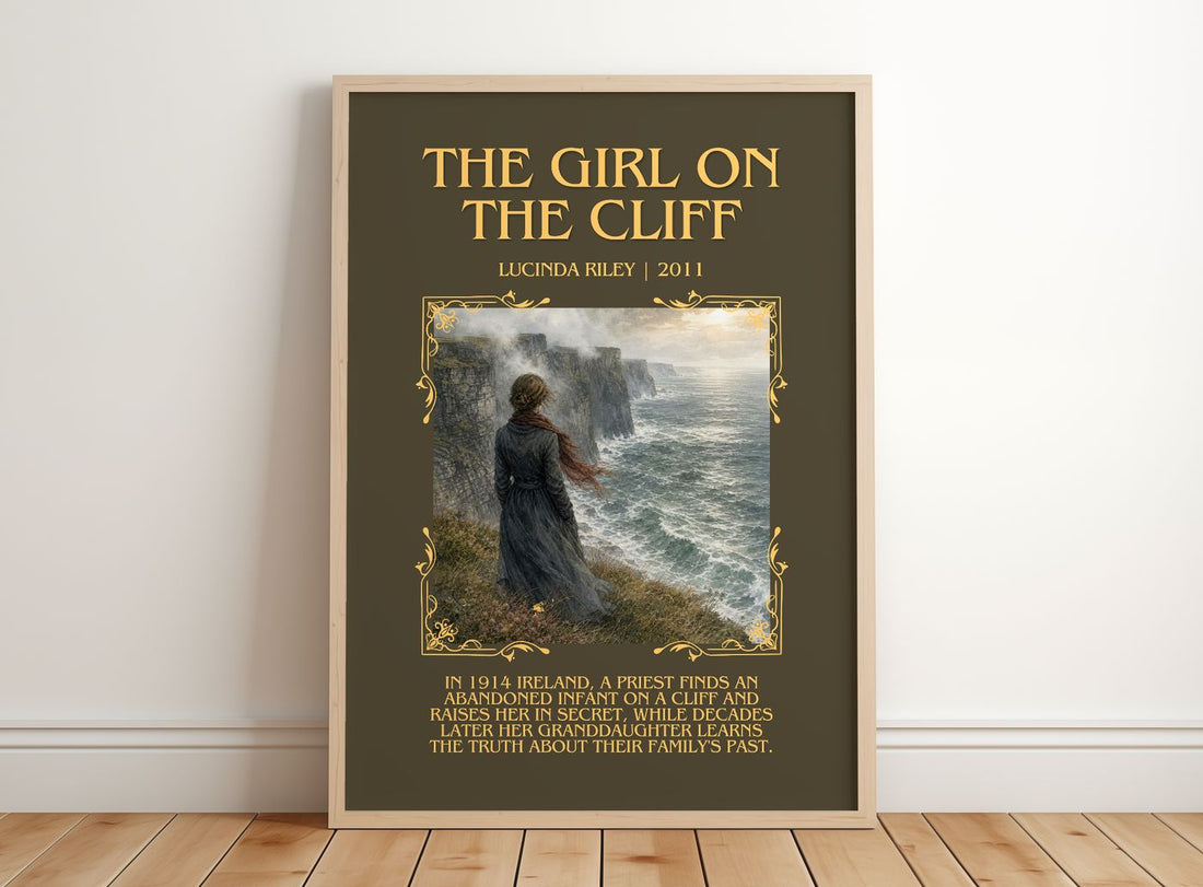 The Girl on the Cliff Minimalist Book Poster by Lucinda Riley – framed print leaning on a wooden floor