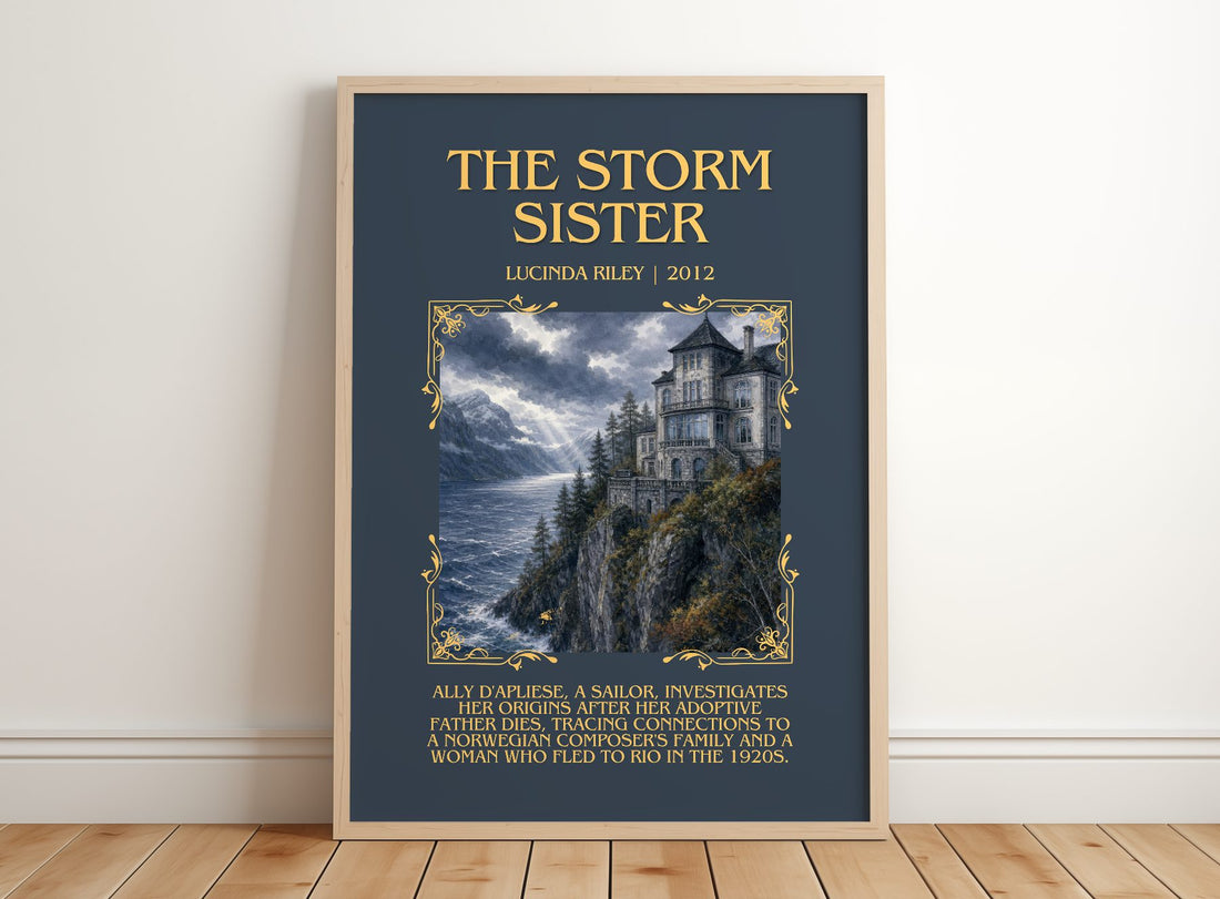 The Storm Sister Minimalist Book Poster by Lucinda Riley – framed print leaning on a wooden floor