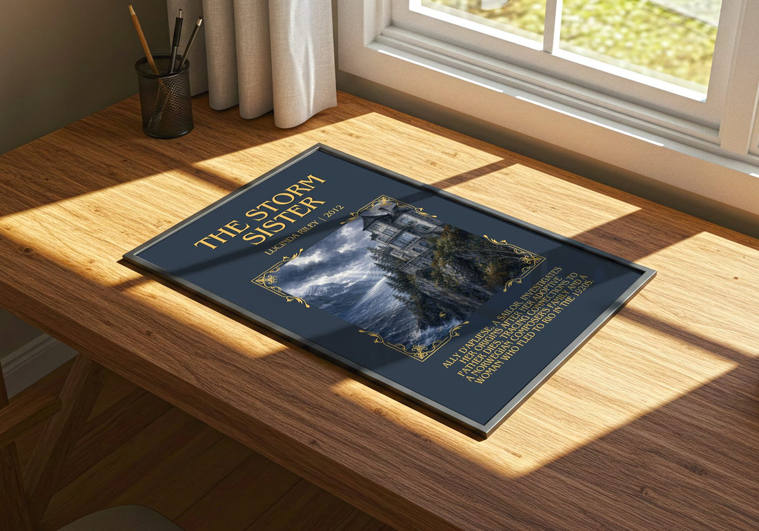 The Storm Sister Minimalist Book Poster by Lucinda Riley – print on a sunlit desk