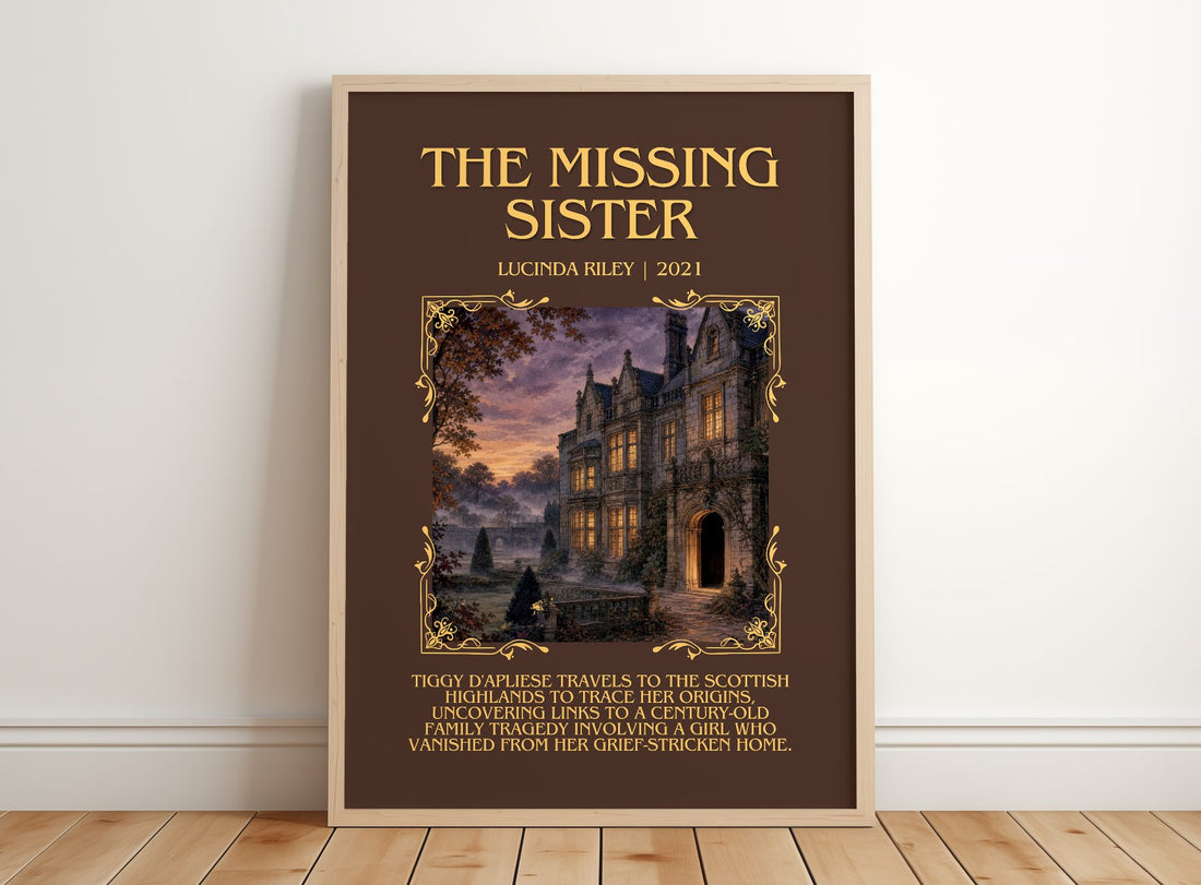 The Missing Sister Minimalist Book Poster by Lucinda Riley – framed print leaning on a wooden floor