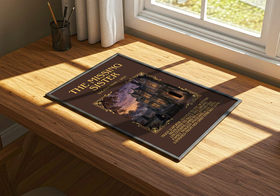 The Missing Sister Minimalist Book Poster by Lucinda Riley – print on a sunlit desk