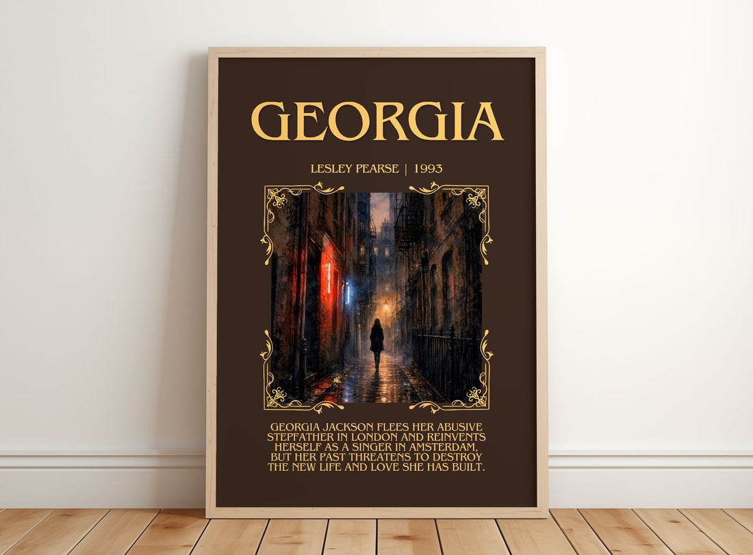 Georgia Minimalist Book Poster by Lesley Pearse – framed print leaning on a wooden floor