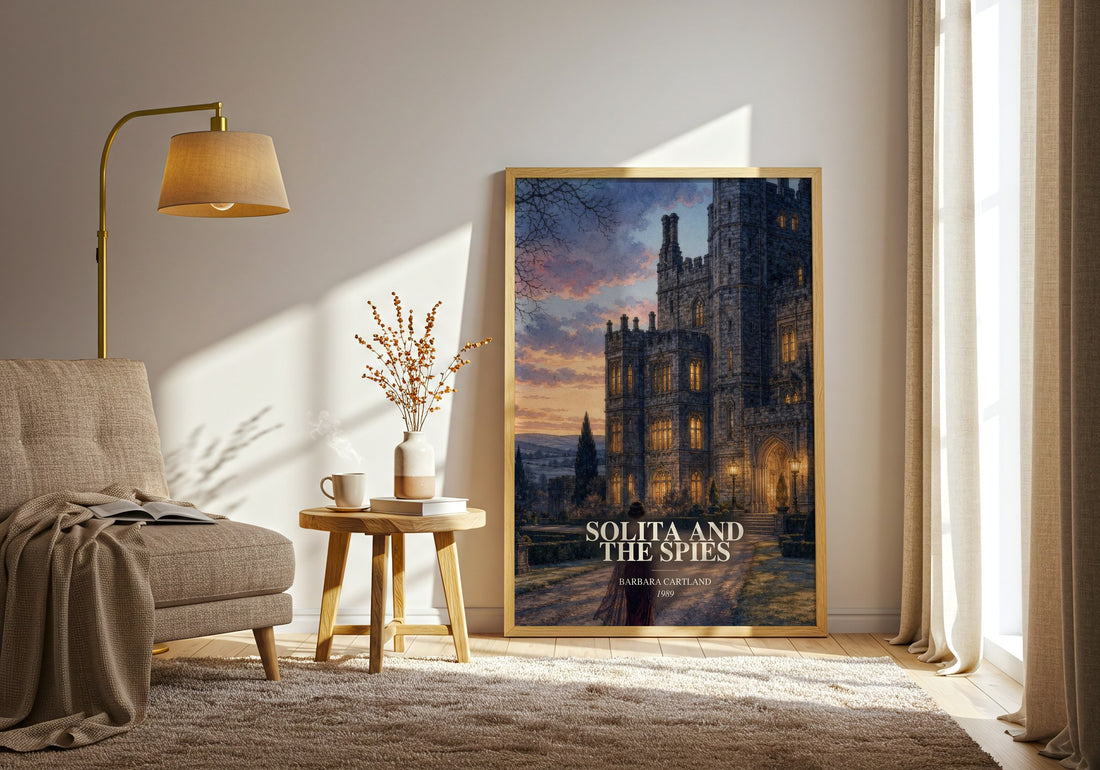 Solita And The Spies watercolour print in frame leaning in hallway – historical fiction wall art (mockup)