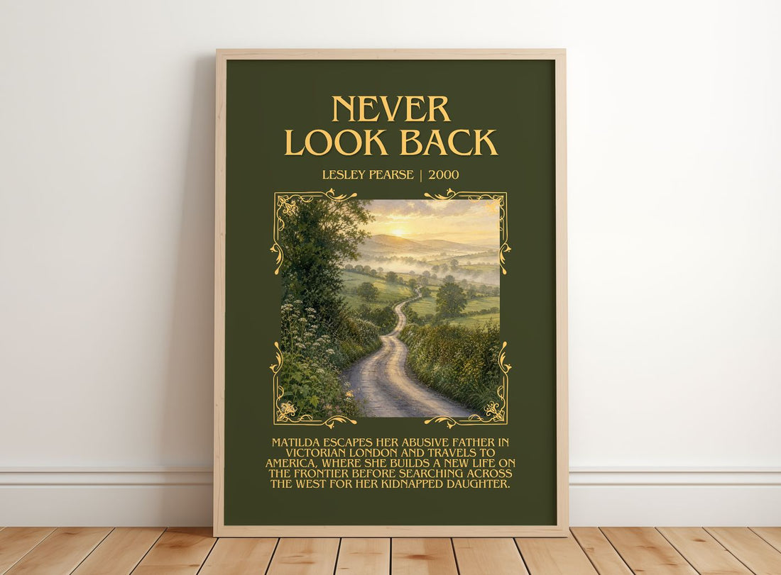 Never Look Back Minimalist Book Poster by Lesley Pearse – framed print leaning on a wooden floor