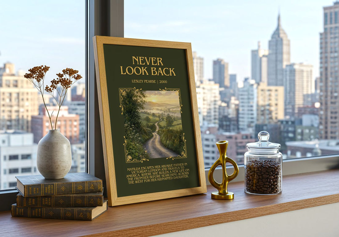 Never Look Back Minimalist Book Poster by Lesley Pearse – framed print on a city-view windowsill