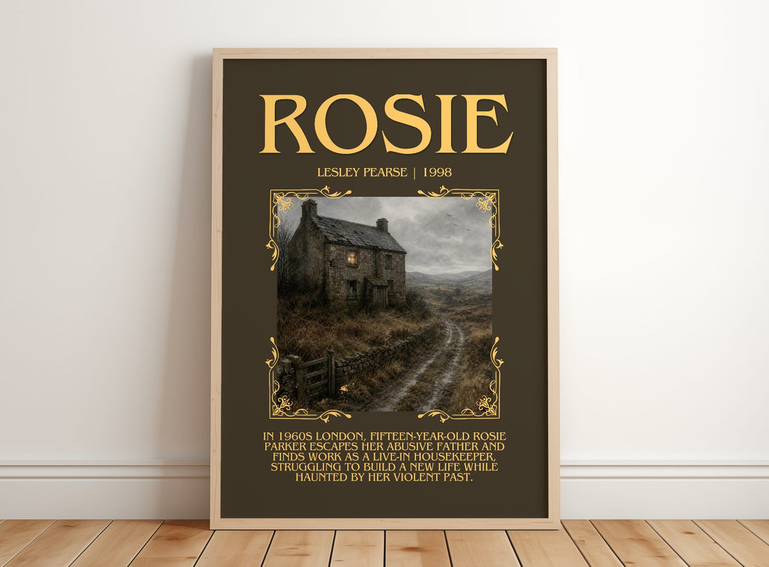 Rosie Minimalist Book Poster by Lesley Pearse – framed print leaning on a wooden floor