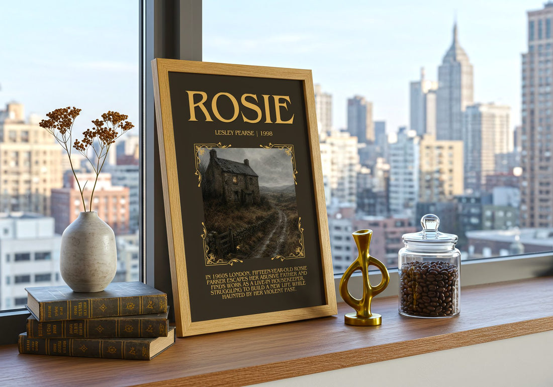 Rosie Minimalist Book Poster by Lesley Pearse – framed print on a city-view windowsill