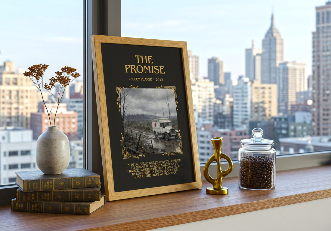 The Promise Minimalist Book Poster by Lesley Pearse – framed print on a city-view windowsill