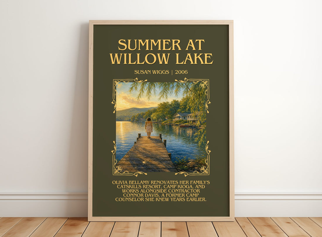 Summer at Willow Lake Minimalist Book Poster by Susan Wiggs – framed print leaning on a wooden floor