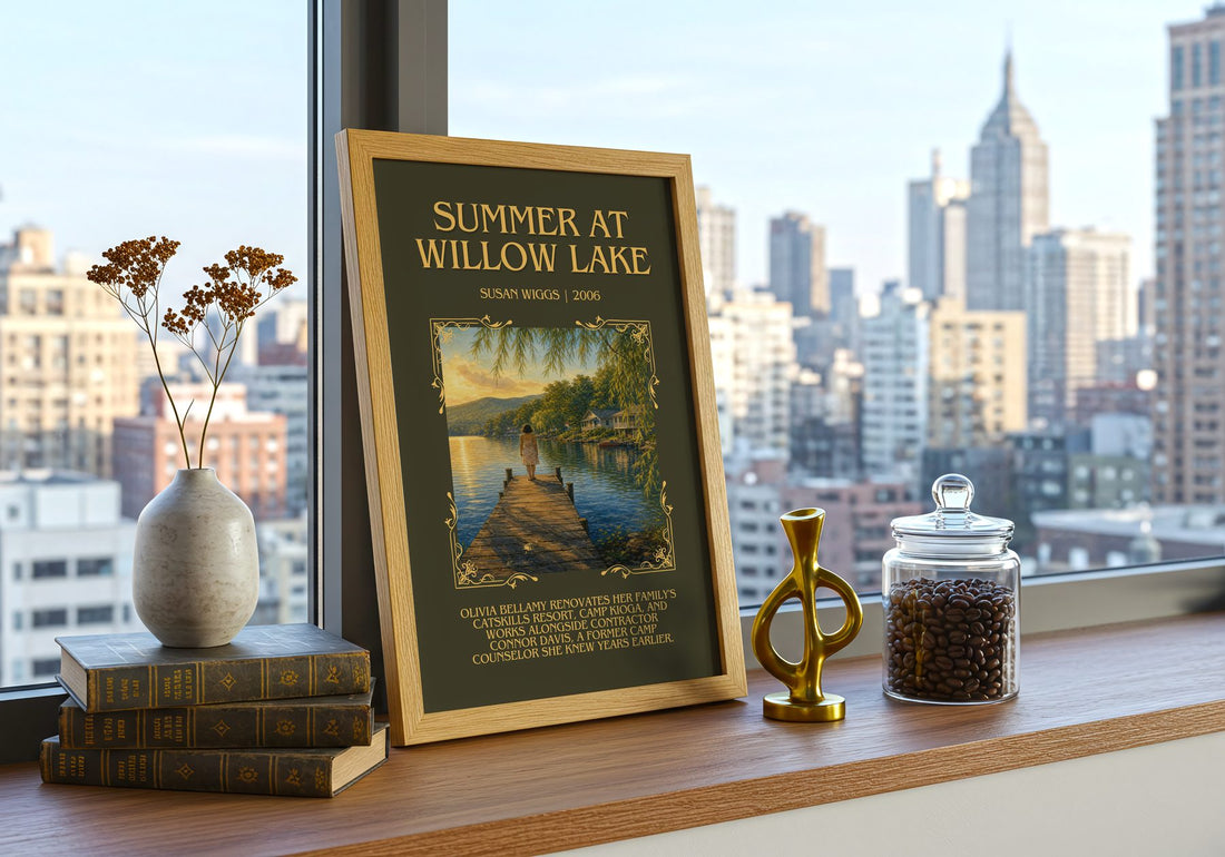 Summer at Willow Lake Minimalist Book Poster by Susan Wiggs – framed print on a city-view windowsill