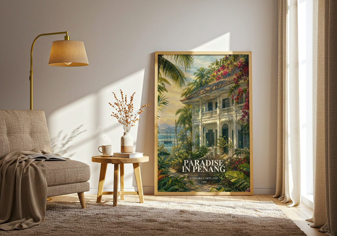Paradise In Penang watercolour print in frame leaning in hallway – romance wall art (mockup)