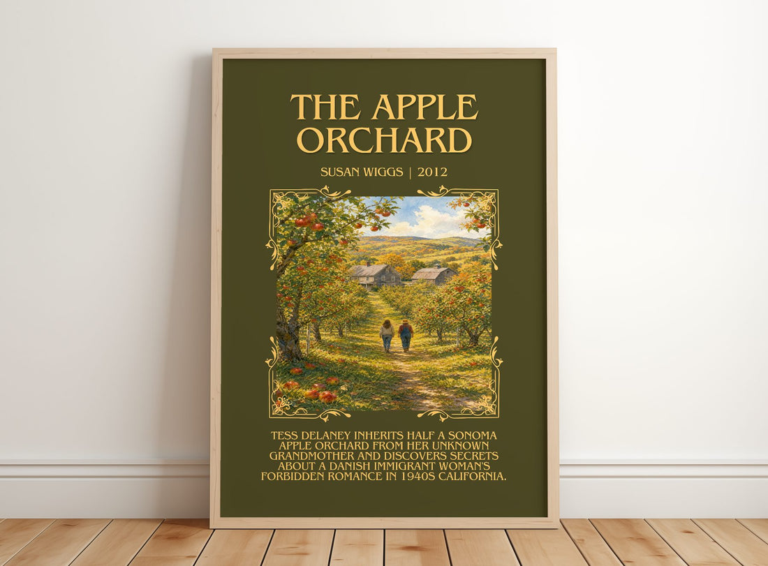 The Apple Orchard Minimalist Book Poster by Susan Wiggs – framed print leaning on a wooden floor