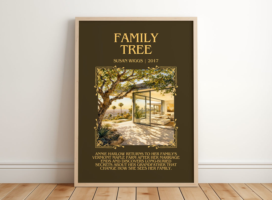 Family Tree Minimalist Book Poster by Susan Wiggs – framed print leaning on a wooden floor