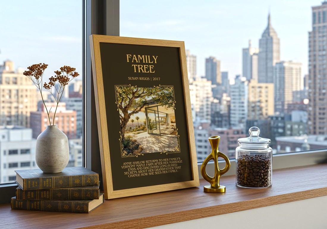Family Tree Minimalist Book Poster by Susan Wiggs – framed print on a city-view windowsill