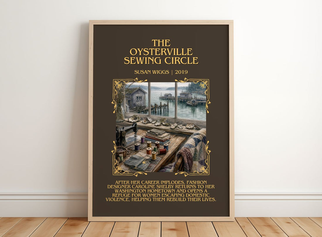 The Oysterville Sewing Circle Minimalist Book Poster by Susan Wiggs – framed print leaning on a wooden floor