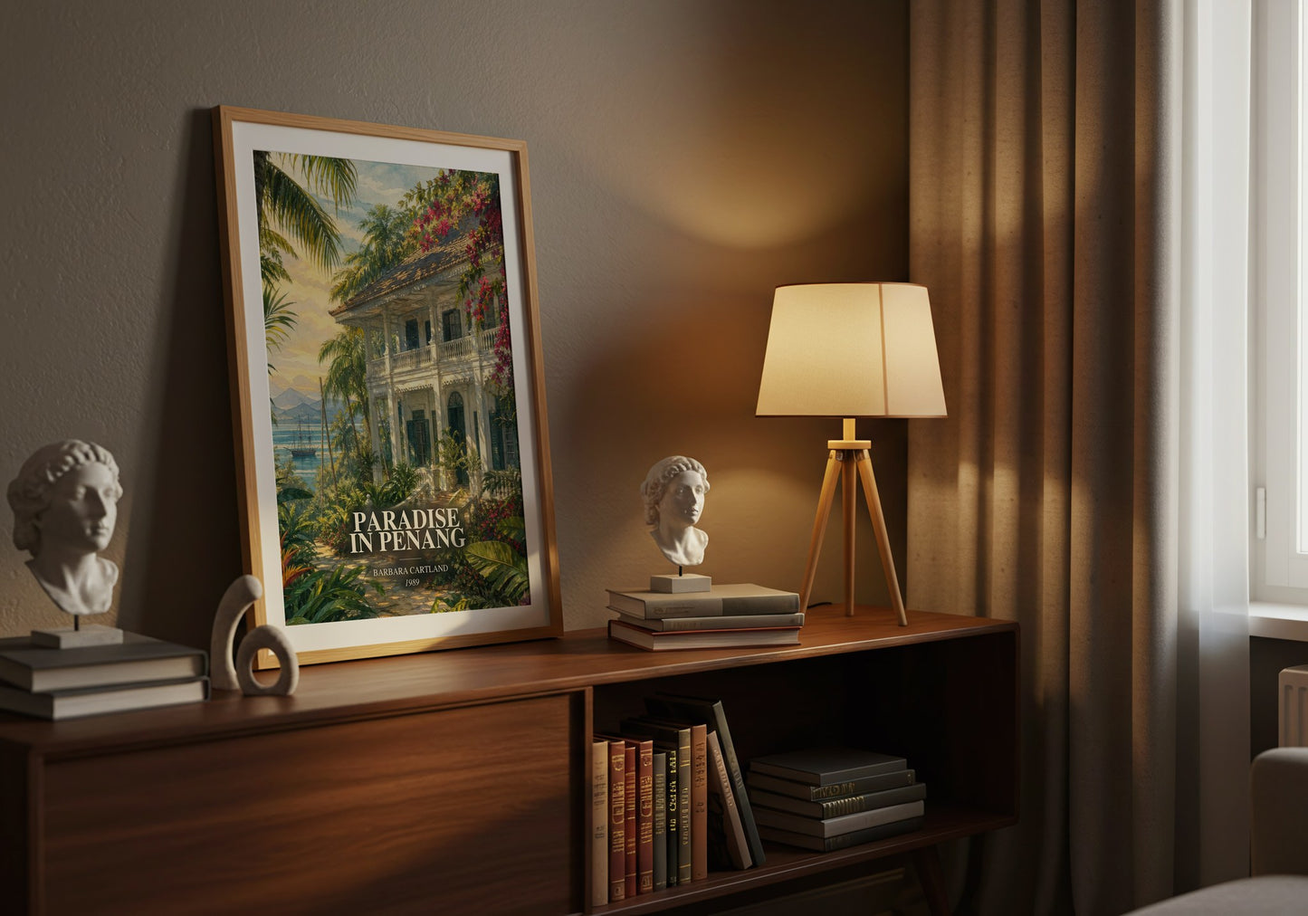 Paradise In Penang watercolour print on bookshelf – Barbara Cartland fan gift