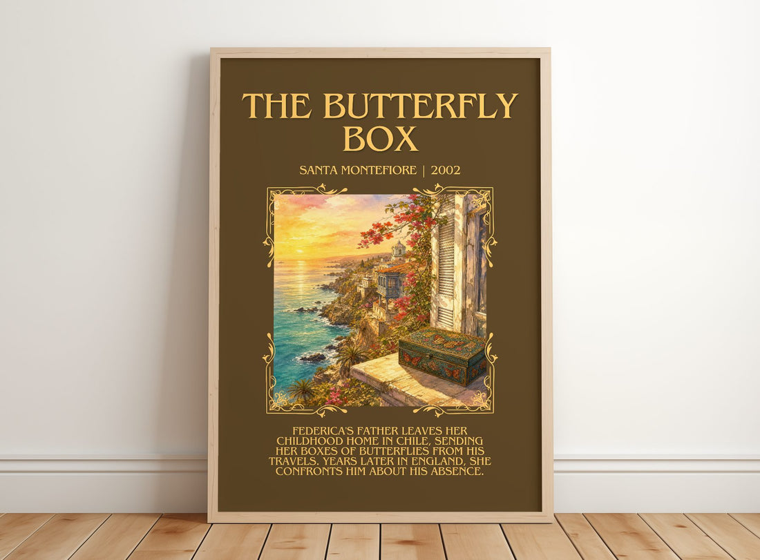 The Butterfly Box Minimalist Book Poster by Santa Montefiore – framed print leaning on a wooden floor
