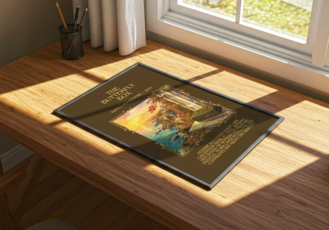 The Butterfly Box Minimalist Book Poster by Santa Montefiore – print on a sunlit desk