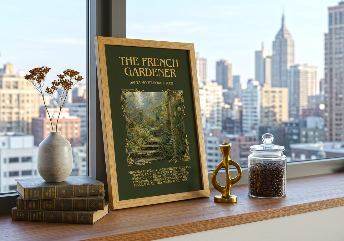 The French Gardener Minimalist Book Poster by Santa Montefiore – framed print on a city-view windowsill