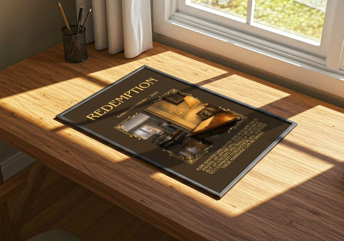 Redemption Minimalist Book Poster by Karen Kingsbury – print on a sunlit desk