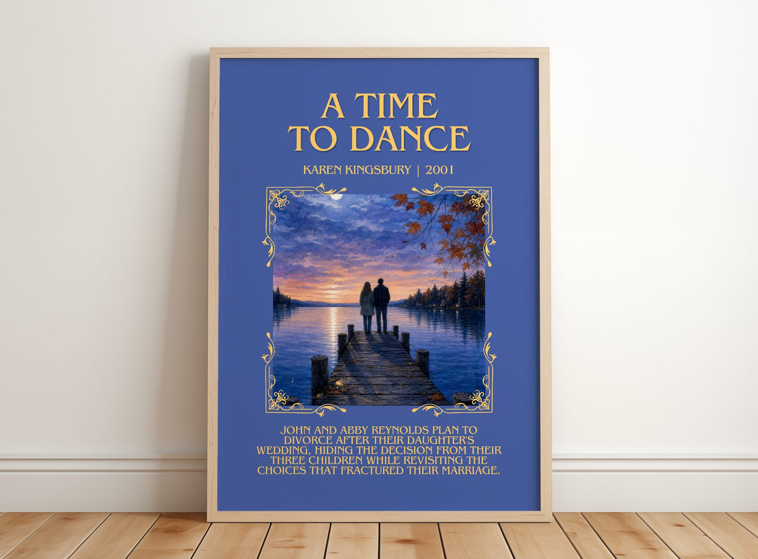 A Time to Dance Minimalist Book Poster by Karen Kingsbury – framed print leaning on a wooden floor