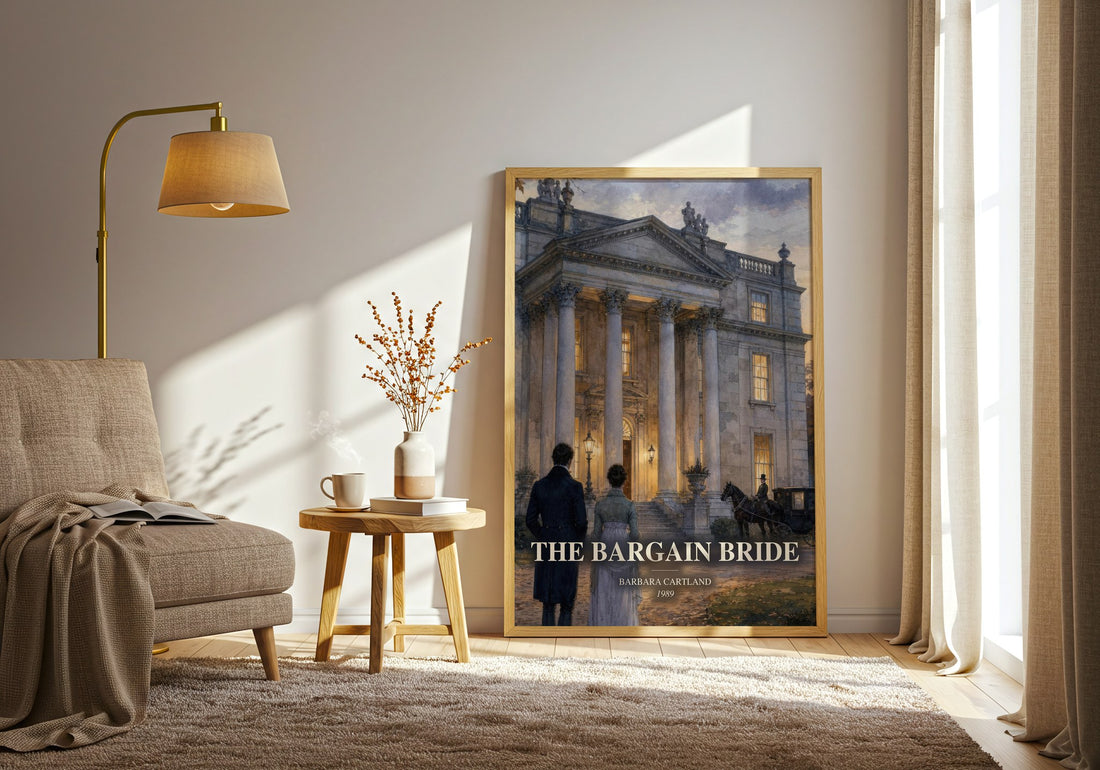 The Bargain Bride watercolour print in frame leaning in hallway – romance wall art (mockup)
