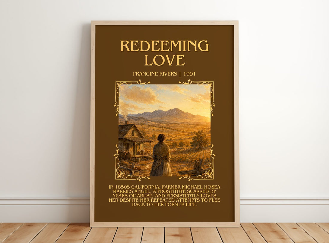 Redeeming Love Minimalist Book Poster by Francine Rivers – framed print leaning on a wooden floor