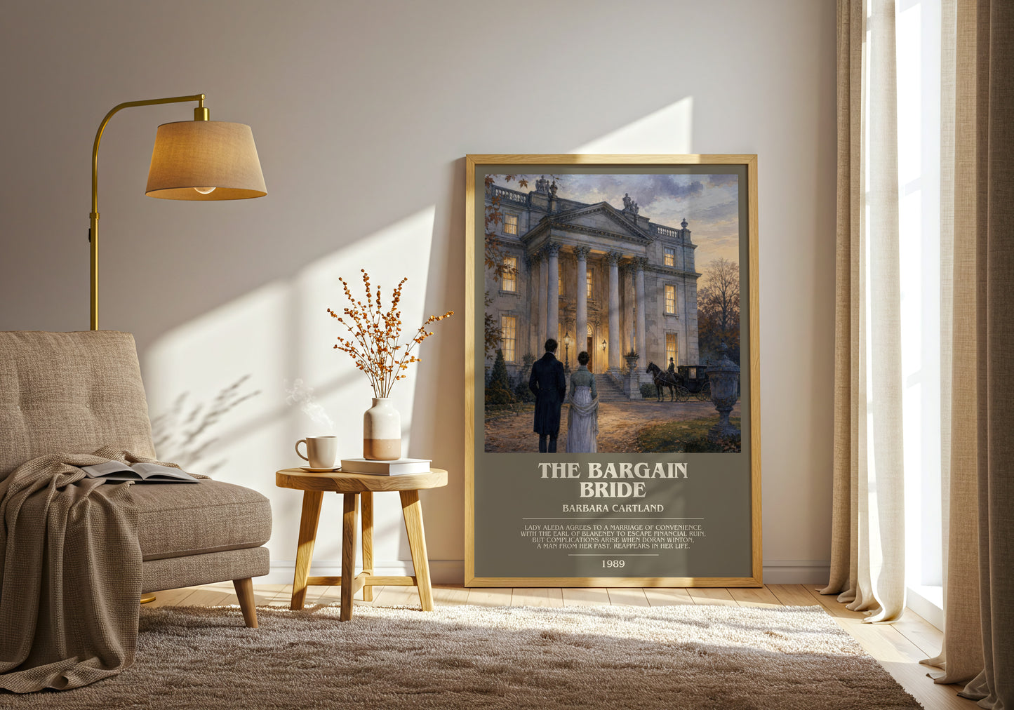 The Bargain Bride bookish print on bookshelf – Barbara Cartland fan gift