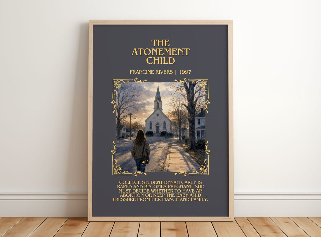 The Atonement Child Minimalist Book Poster by Francine Rivers – framed print leaning on a wooden floor