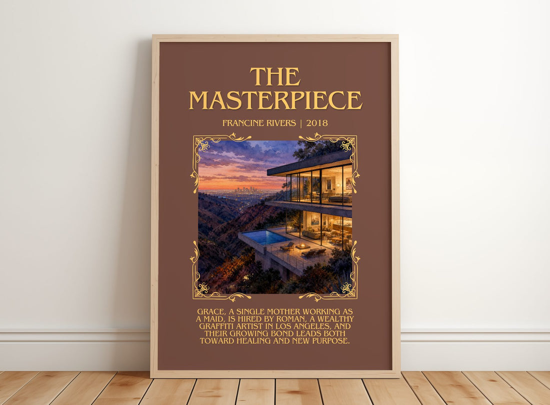 The Masterpiece Minimalist Book Poster by Francine Rivers – framed print leaning on a wooden floor