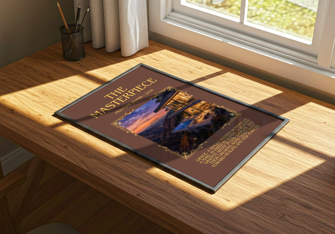 The Masterpiece Minimalist Book Poster by Francine Rivers – print on a sunlit desk